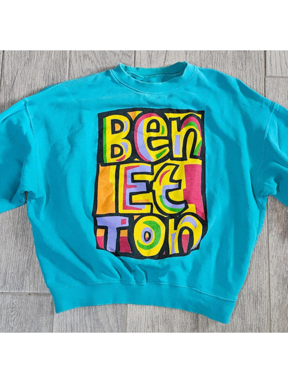 VTG 90s Y2K United Colors of Benetton Spellout Sweatshirt Teal Medium USA MADE
